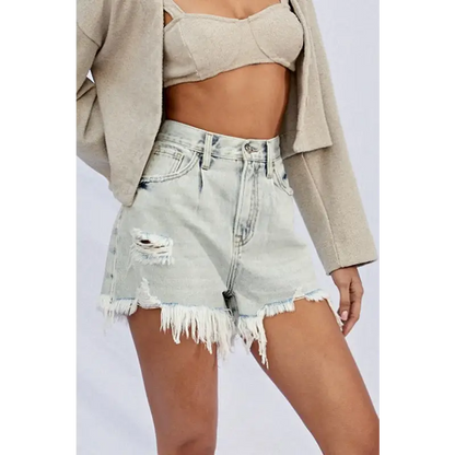 High Rise Frayed Denim Shorts.