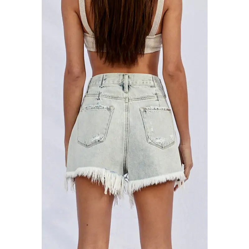 High Rise Frayed Denim Shorts.