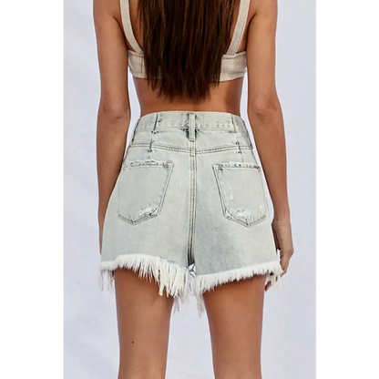 High Rise Frayed Denim Shorts.