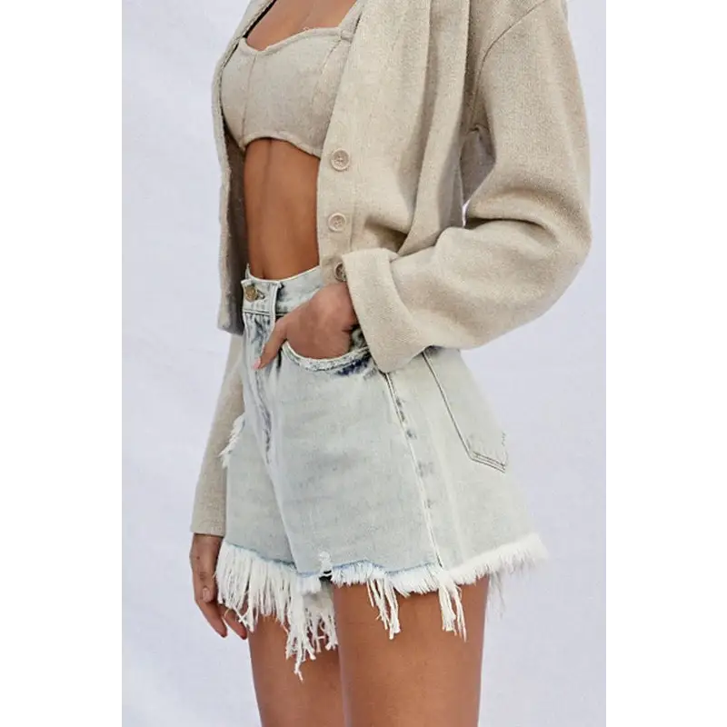 High Rise Frayed Denim Shorts.