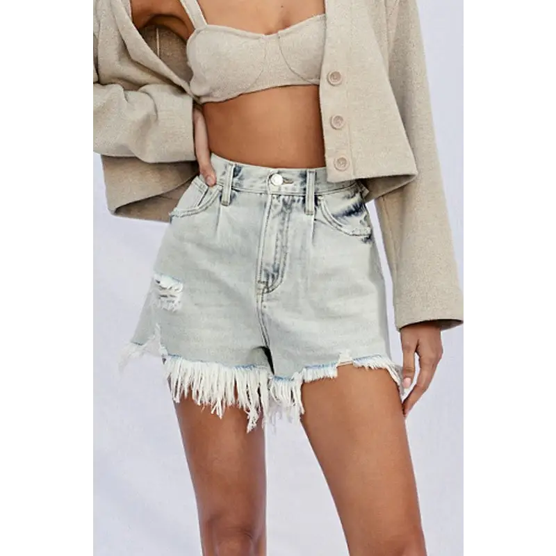 High Rise Frayed Denim Shorts.