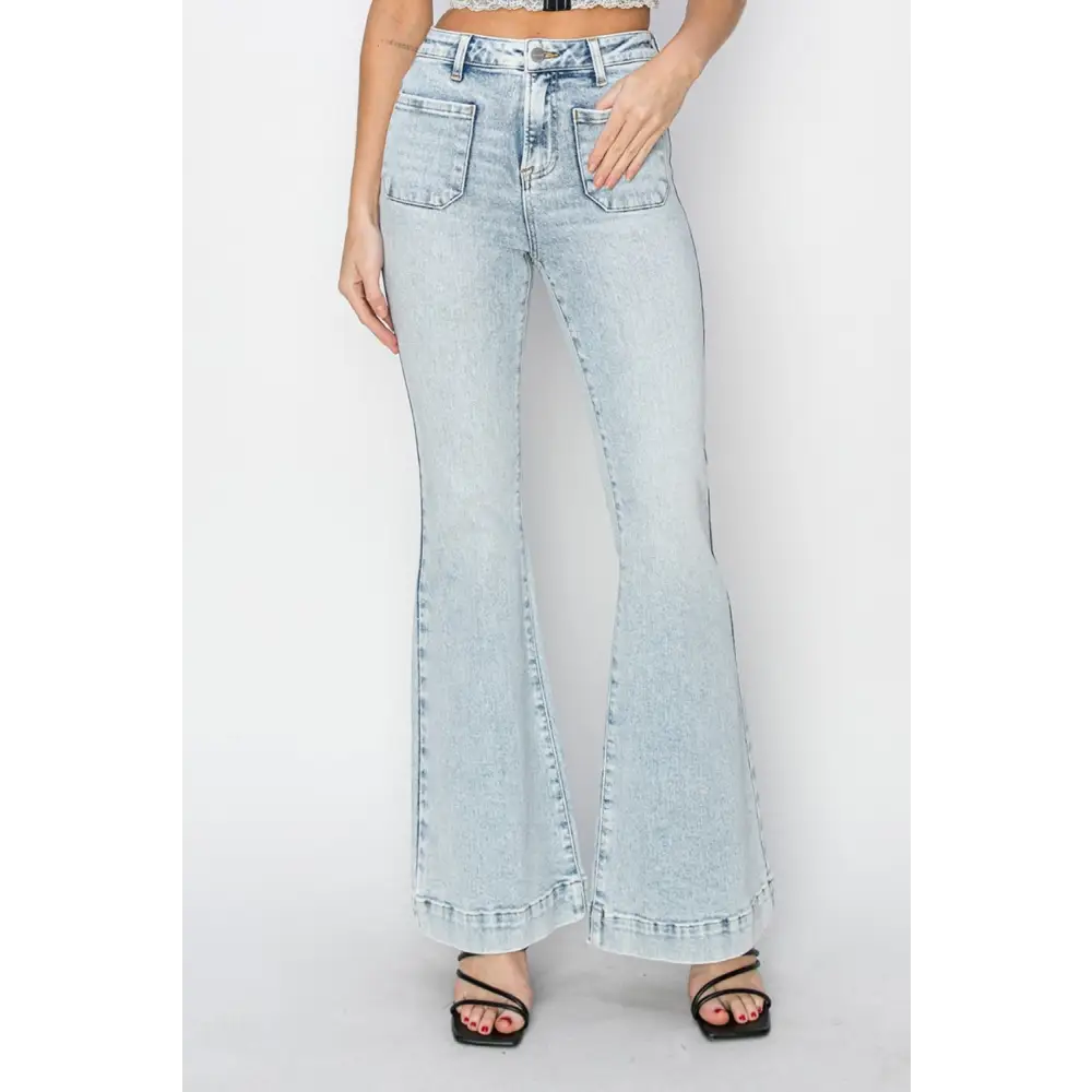 High Rise Front Patch Pocket Flare Jeans.