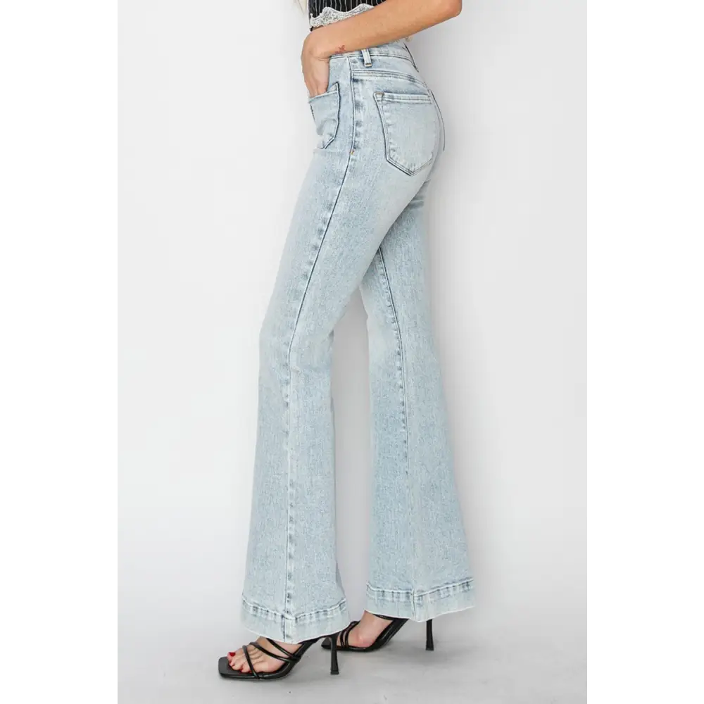 High Rise Front Patch Pocket Flare Jeans.