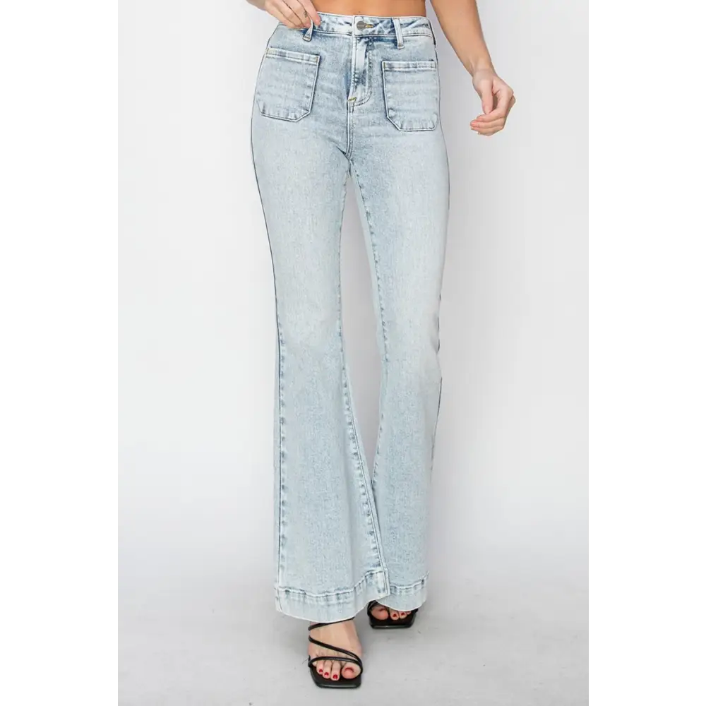 High Rise Front Patch Pocket Flare Jeans.
