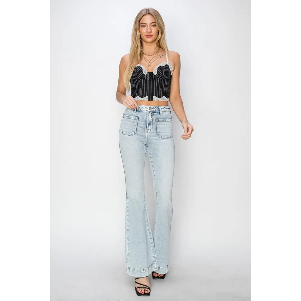 High Rise Front Patch Pocket Flare Jeans.