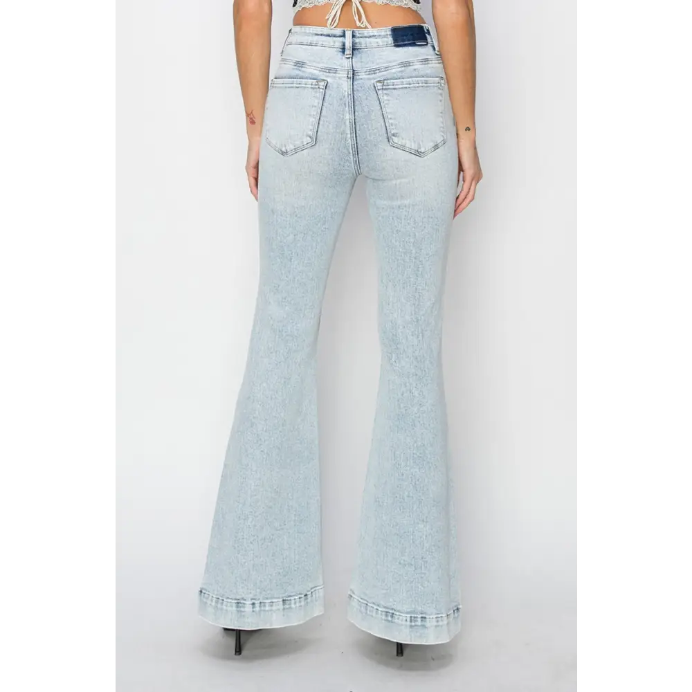 High Rise Front Patch Pocket Flare Jeans.