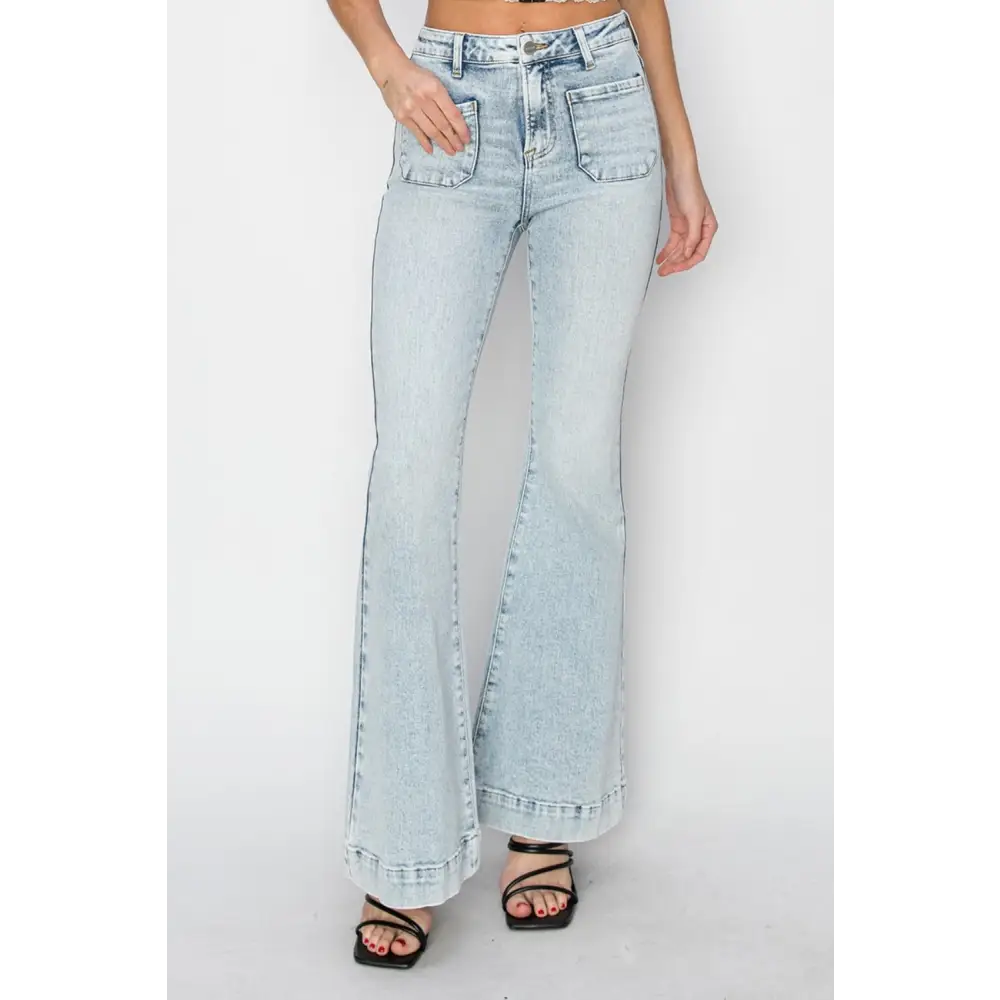 High Rise Front Patch Pocket Flare Jeans.