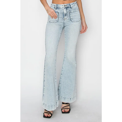 High Rise Front Patch Pocket Flare Jeans.