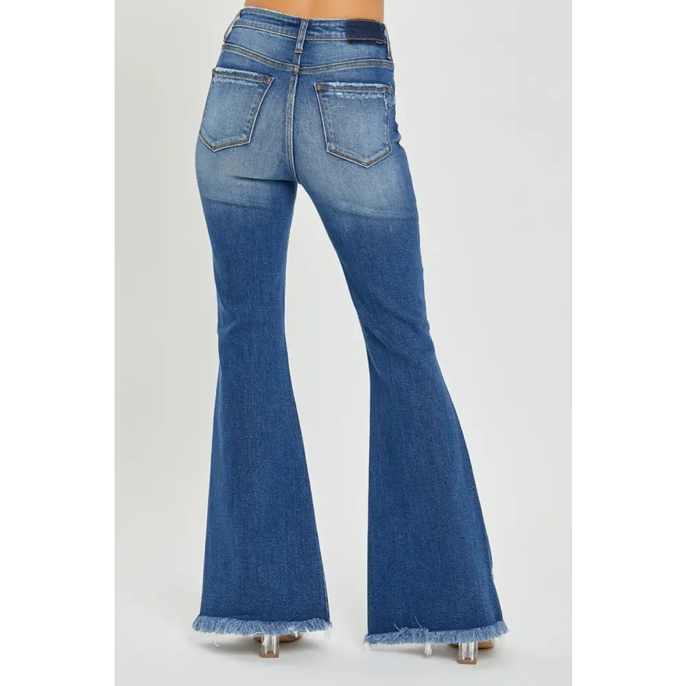 High Rise Front Slit Frayed Hem Flare Jeans.