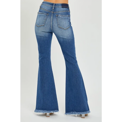 High Rise Front Slit Frayed Hem Flare Jeans.