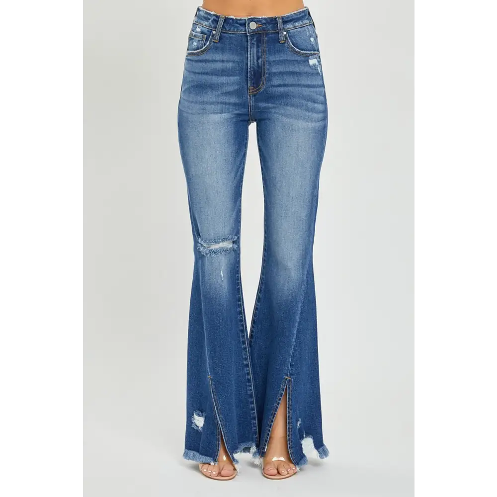 High Rise Front Slit Frayed Hem Flare Jeans.