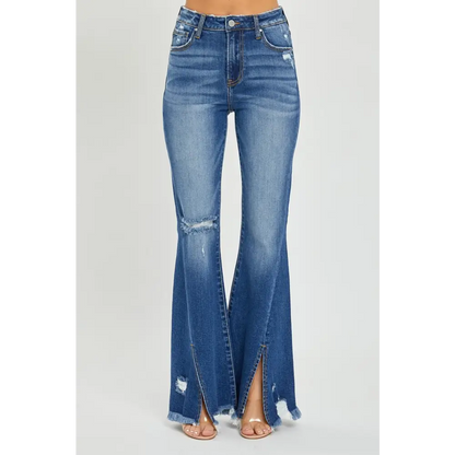 High Rise Front Slit Frayed Hem Flare Jeans.