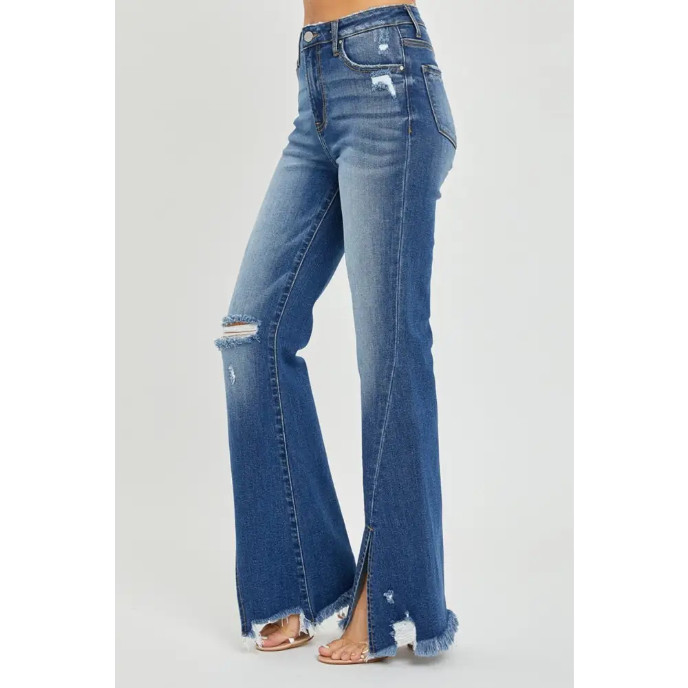 High Rise Front Slit Frayed Hem Flare Jeans.