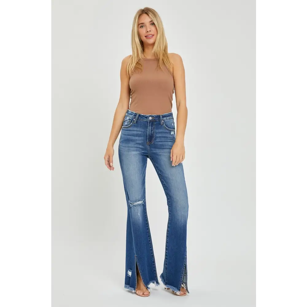 High Rise Front Slit Frayed Hem Flare Jeans.