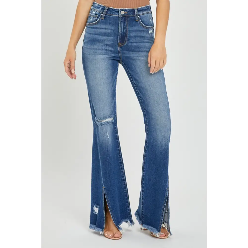 High Rise Front Slit Frayed Hem Flare Jeans.