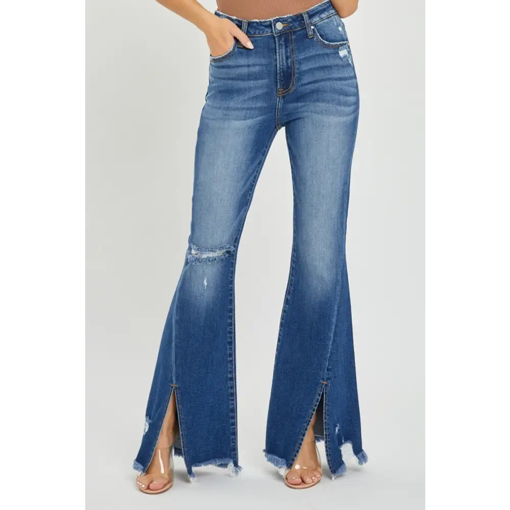 High Rise Front Slit Frayed Hem Flare Jeans.