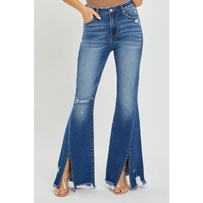 High Rise Front Slit Frayed Hem Flare Jeans.