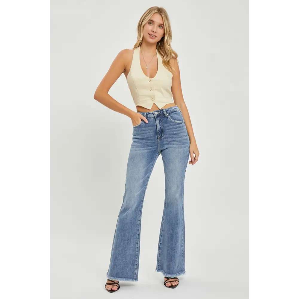 High Waist Raw Hem Flare Jeans.