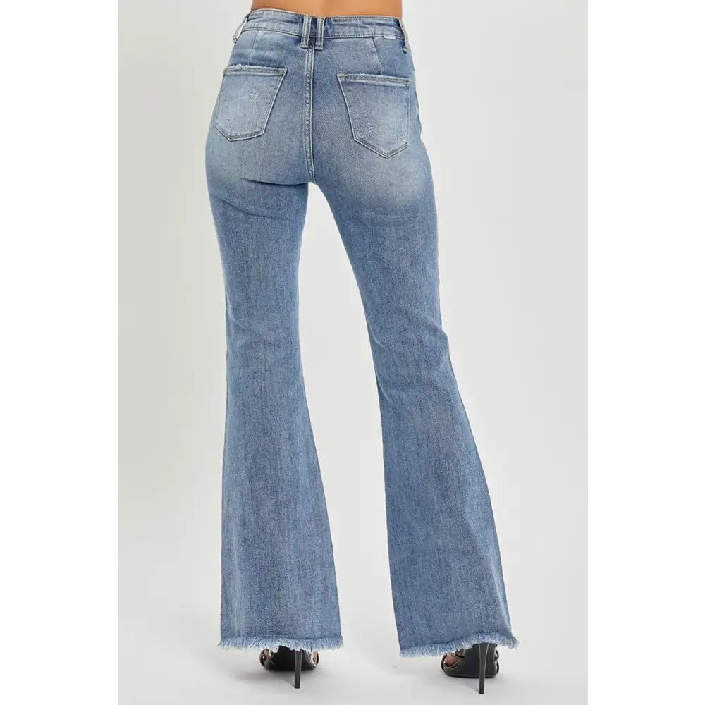 High Waist Raw Hem Flare Jeans.