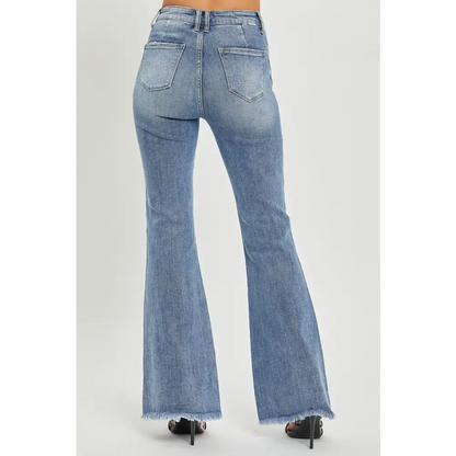 High Waist Raw Hem Flare Jeans.