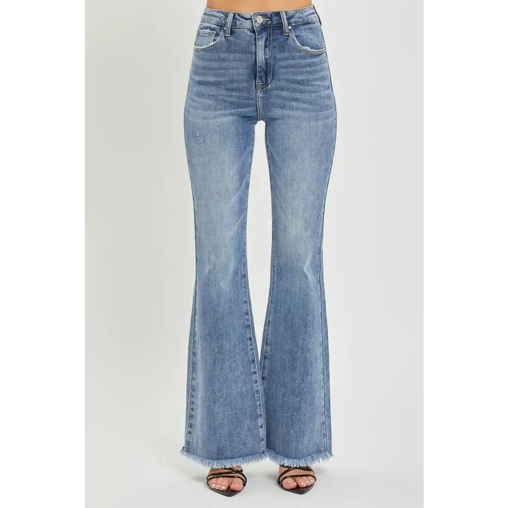 High Waist Raw Hem Flare Jeans.