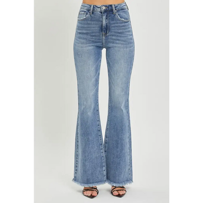 High Waist Raw Hem Flare Jeans.