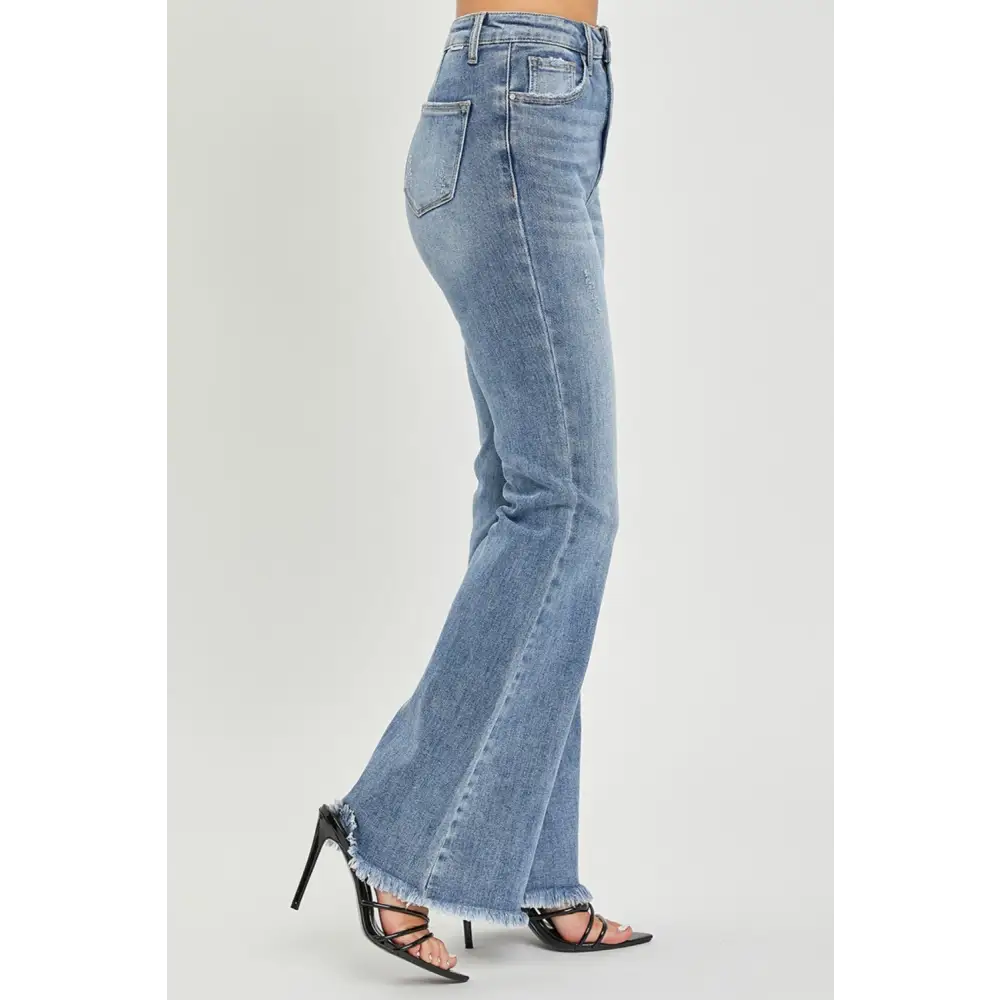 High Waist Raw Hem Flare Jeans.