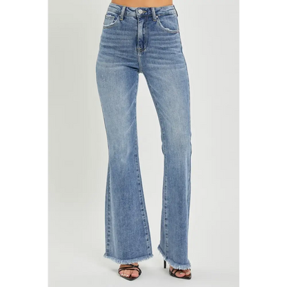 High Waist Raw Hem Flare Jeans.