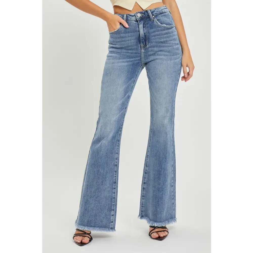 High Waist Raw Hem Flare Jeans.