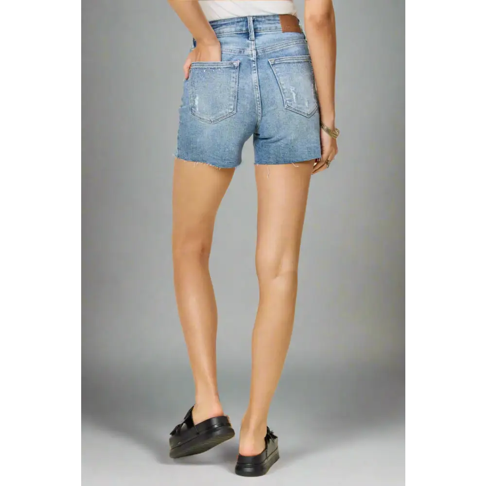 High Waist Rhinestone Decor Denim Shorts.