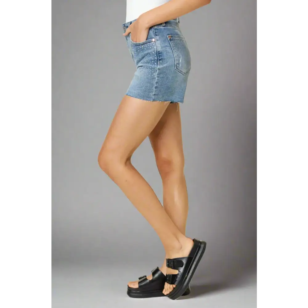 High Waist Rhinestone Decor Denim Shorts.