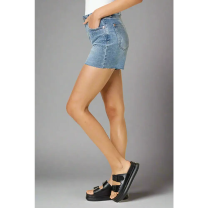 High Waist Rhinestone Decor Denim Shorts.