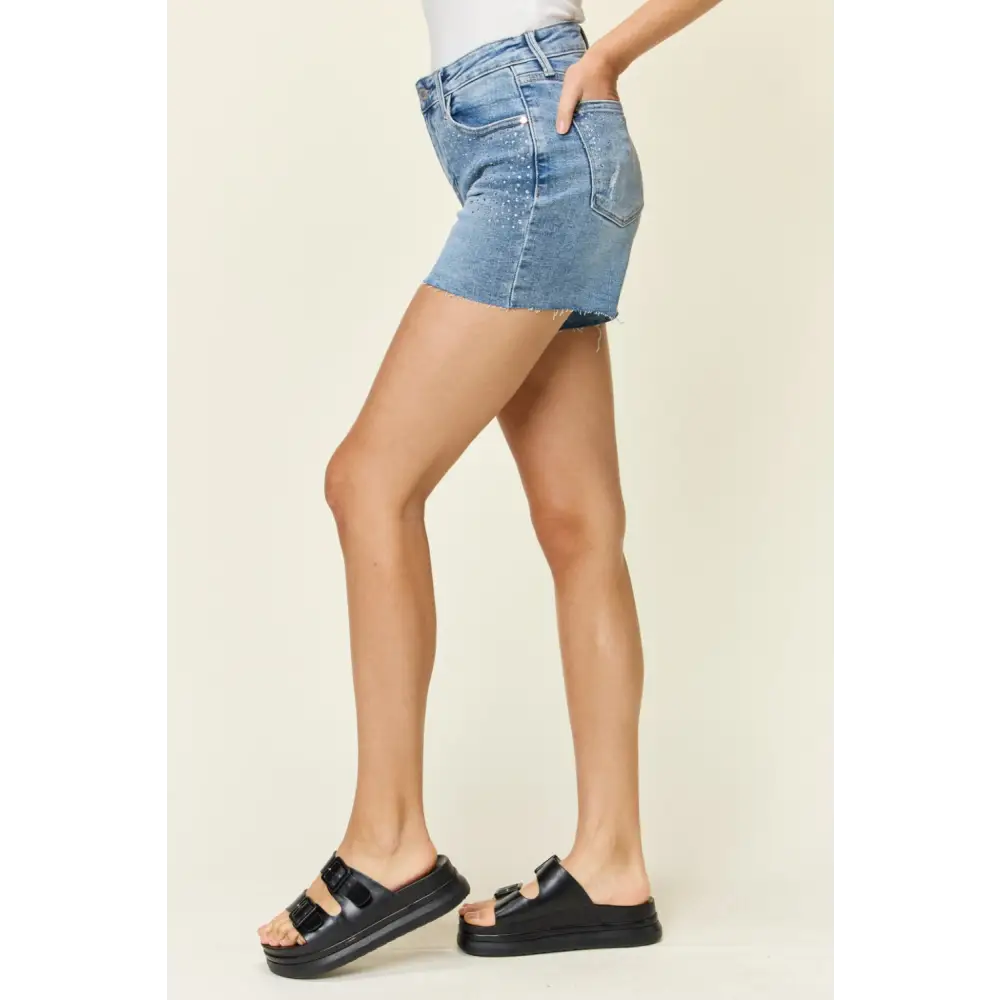High Waist Rhinestone Decor Denim Shorts.