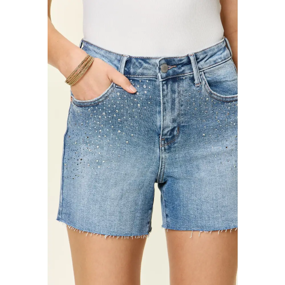 High Waist Rhinestone Decor Denim Shorts.