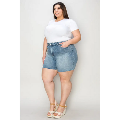 High Waist Rhinestone Decor Denim Shorts.