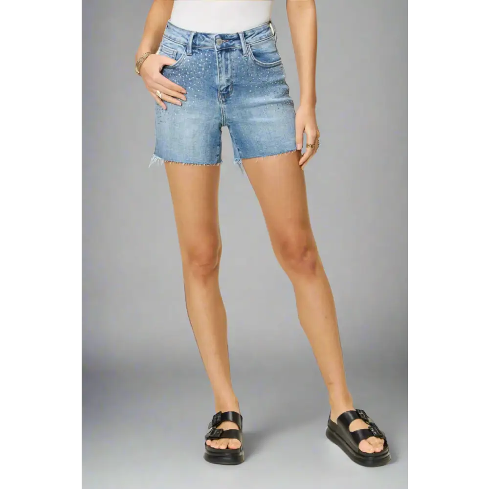 High Waist Rhinestone Decor Denim Shorts.