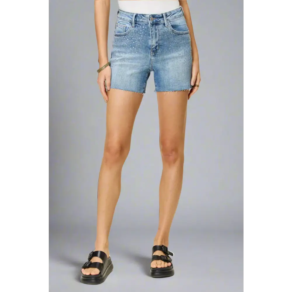 High Waist Rhinestone Decor Denim Shorts.
