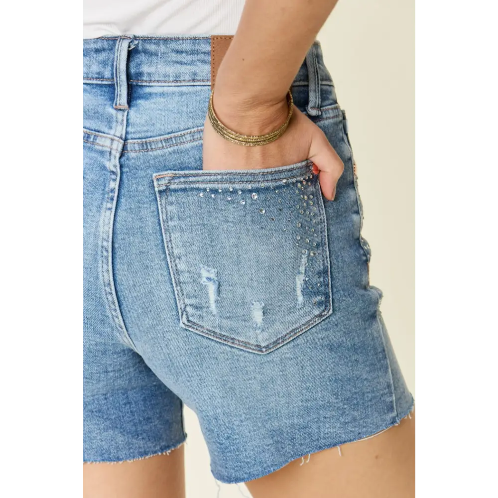 High Waist Rhinestone Decor Denim Shorts.