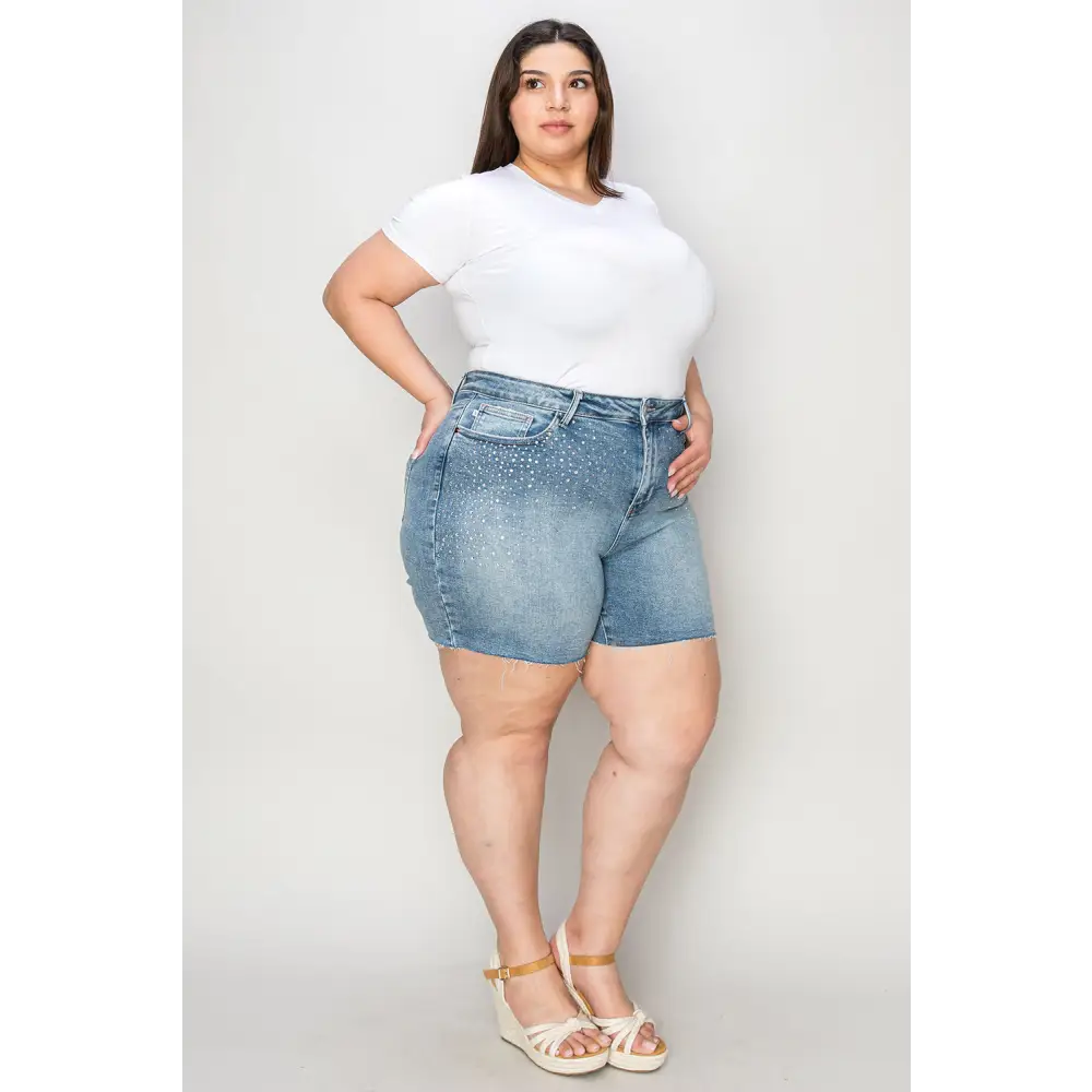 High Waist Rhinestone Decor Denim Shorts.