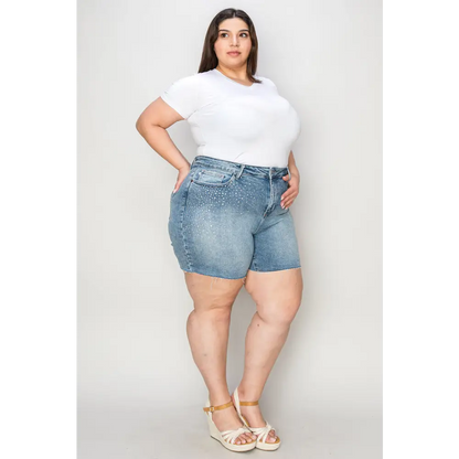 High Waist Rhinestone Decor Denim Shorts.