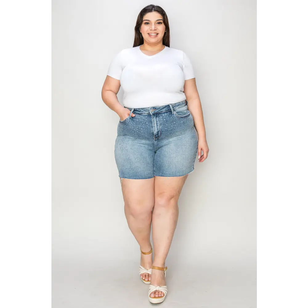 High Waist Rhinestone Decor Denim Shorts.