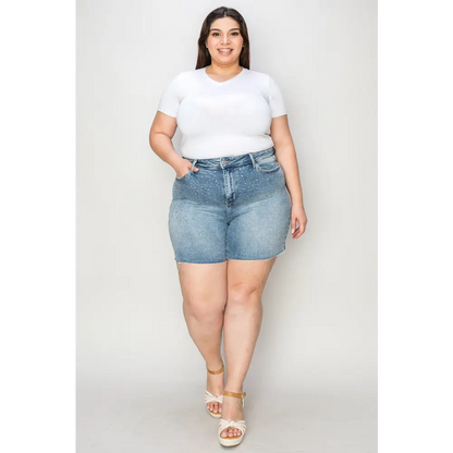 High Waist Rhinestone Decor Denim Shorts.