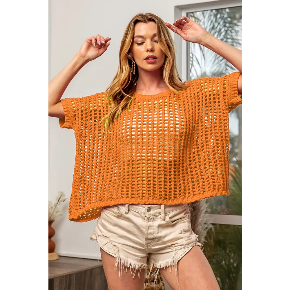Hollowed Out Short Sleeve Knit Cover Up.