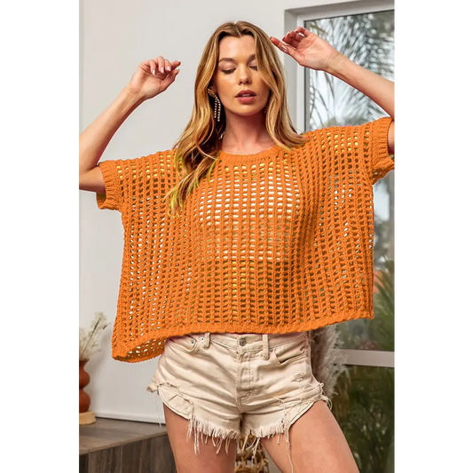 Hollowed Out Short Sleeve Knit Cover Up.