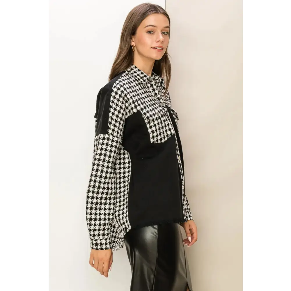 Houndstooth Contrast Raw Hem Jacket.