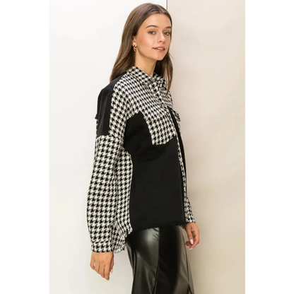 Houndstooth Contrast Raw Hem Jacket.
