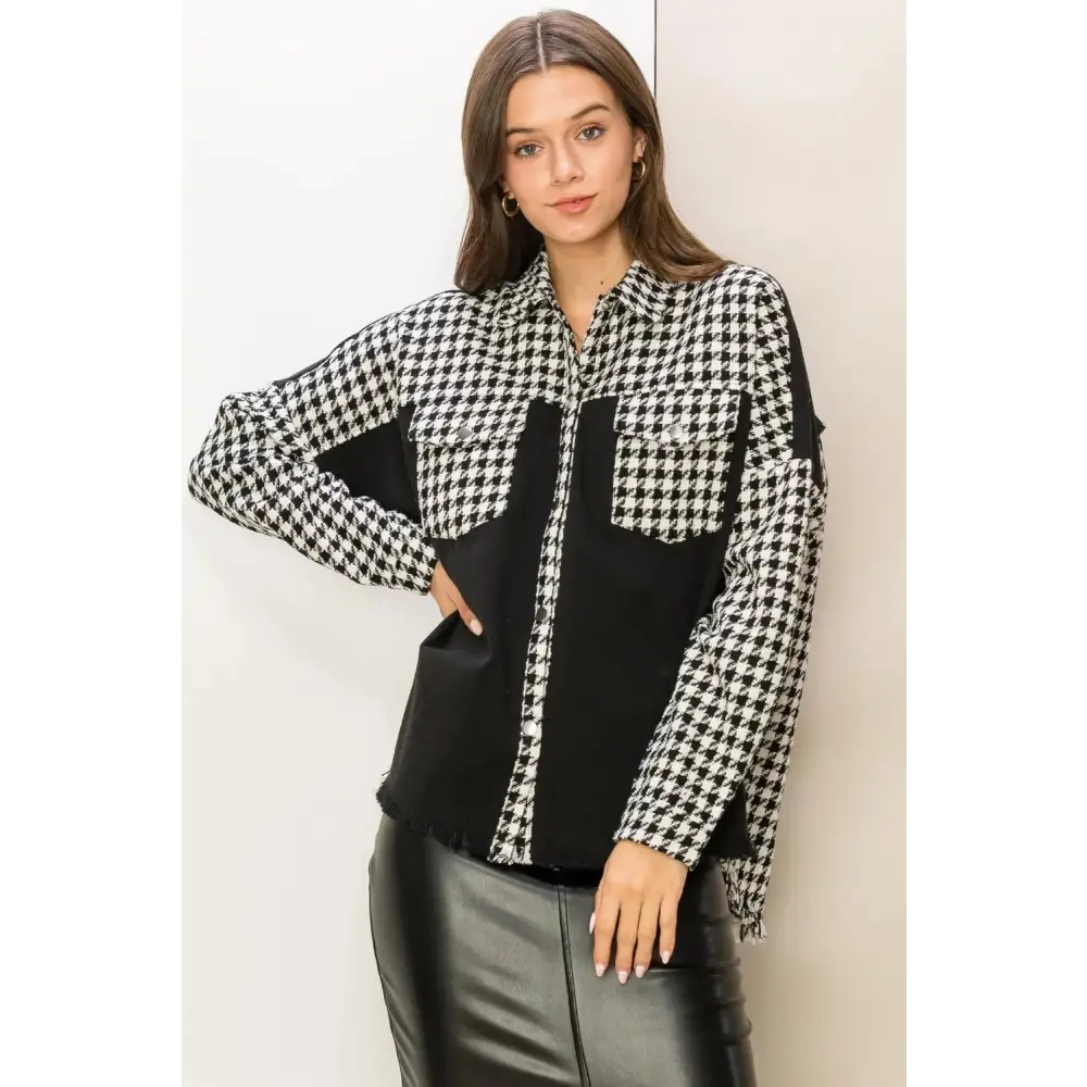 Houndstooth Contrast Raw Hem Jacket.