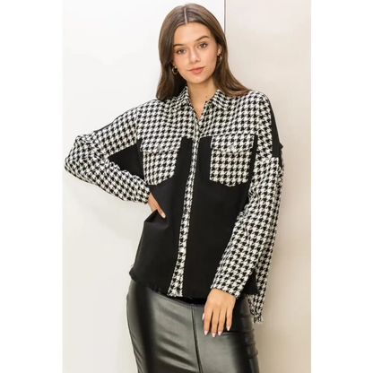 Houndstooth Contrast Raw Hem Jacket.