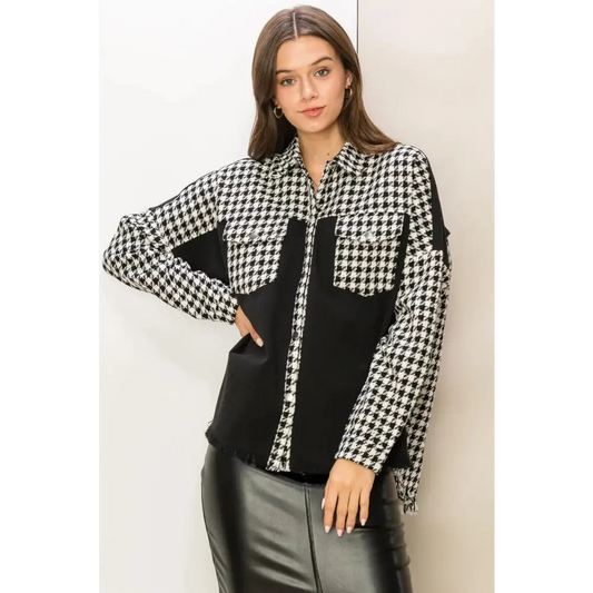 Houndstooth Contrast Raw Hem Jacket.