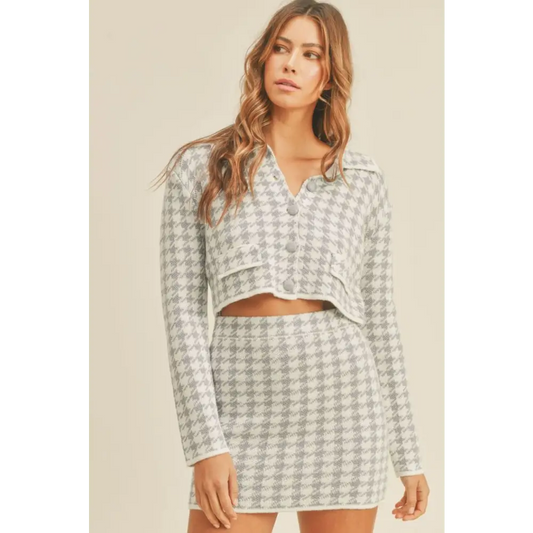 Houndstooth Cropped Knit Cardigan and Mini Skirt Set.